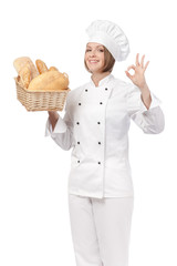 happy female chef isolated on white background