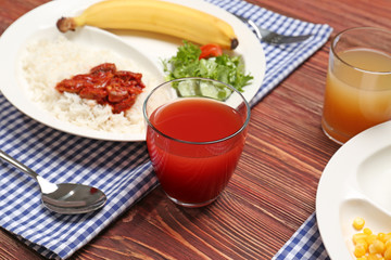 Serving tray with delicious food on table. Concept of school lunch