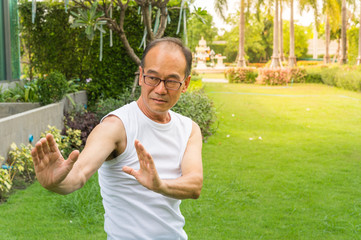 Naklejka na ściany i meble asian senior man wear white shirt stand and practice tai chi on the grass in the park and copy space