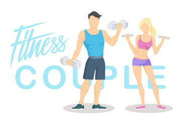 Fototapeta na wymiar Fitness young sporty couple with dumbbells. Workout partners. Flat vector illustration with hand lettering.