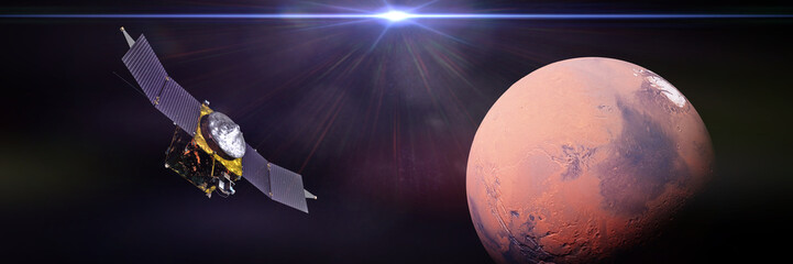MAVEN space probe in front of planet Mars and the Sun - obrazy, fototapety, plakaty