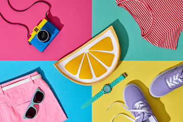 Fashion Summer Hipster Set. Film Camera, Clothes Accessories. Glamor Lemon Citrus Clutch, Trendy...