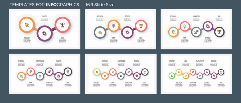 Business infographics. Presentations with 3, 4, 5, 6, 7, 8 steps. Connected circles. Vector infographic templates.