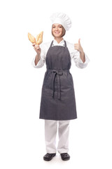 happy female chef isolated on white background