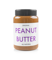 Creamy peanut butter in jar on white background