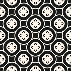 Vector monochrome seamless pattern, floral tiling geometric texture with simple figures, flowers, circles, squares. Abstract repeat background. Oriental design for home decor, textile, fabric, prints