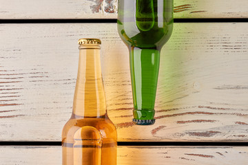 Bottles, retro background, close up. Background from beer bottles.