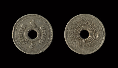 Old coin Thailand, which is obsolete today, isolated on black background,  5 Satang, with clipping path,