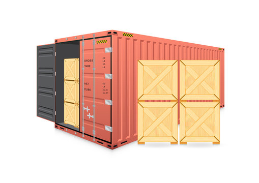 Vector of cargo container or shipping container and wood crate for logistics and transportation work isolated on white background.