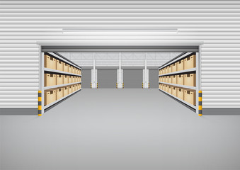Obraz premium Warehouse or industrial building. Consist of cargo box on shelf and empty space. Use as distribution center for loading, storage, warehousing, shipping and freight forwarding. Vector illustration.