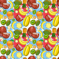 Seamless Pattern Different Fruits Summer Ornament Background Vector Illustration
