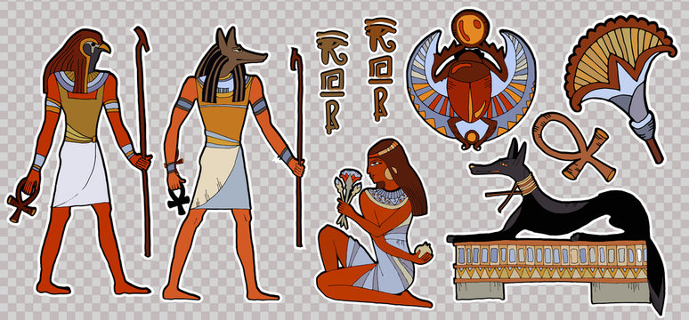 Fashion patch Ancient egypt.  Pharaoh, gods of Egypt, Anubis, Ra. Stickers, patches in cartoon 80s-90s comic style. Egyptian gods and pharaohs patch, ancient civilization, ancient egypt stickers art