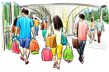 people walking in shopping cartoon drawing