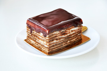 Biscuit cake with chocolate close-up isolated.