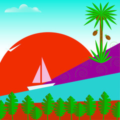 Tropical island with palm tree and flowers, ship and sun. Vector