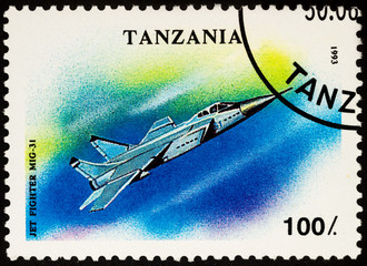 Jet Fighter MIG-31 on postage stamp