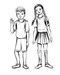 Vector illustration of school children, boy and girl.