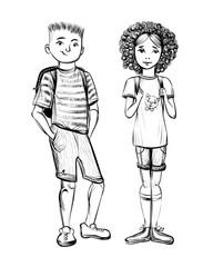 Vector illustration of school children, boy and girl.