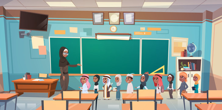Group Of Arab Pupils With Teacher In Classroom On Lesson Education Concept Flat Vector Illustration