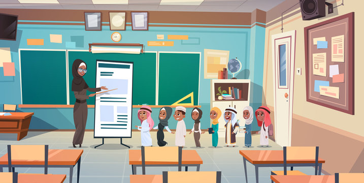 Group Of Arab Pupils With Teacher In Classroom On Lesson Education Concept Flat Vector Illustration
