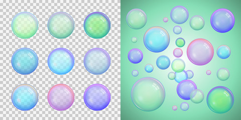 Set of colorful soap bubbles with different colors with transparency isolated on a checkered background
