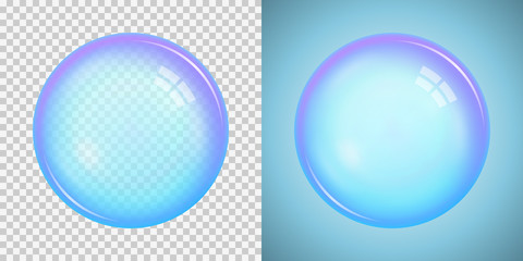 Colorful soap bubble with a basic blue color with transparency isolated on a checkered and blue background