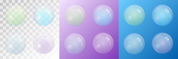 Set of four transparent matte soap bubbles isolated on a checkered background. And as an example on a purple and blue backgroundd