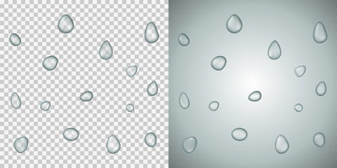 Realistic vector water droplets on a transparent background. Example on a gray background