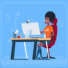 African American Girl Blogger Sit At Computer Streaming Video Blogs Creator Popular Vlog Channel Flat Vector Illustration