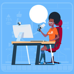 African American Girl Blogger Sit At Computer Streaming Video Blogs Creator Popular Vlog Channel Flat Vector Illustration