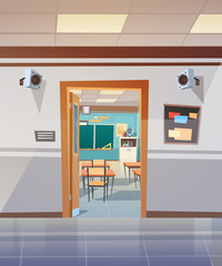 Empty School Corridor With Open Door To Class Room Flat Vector Illustration
