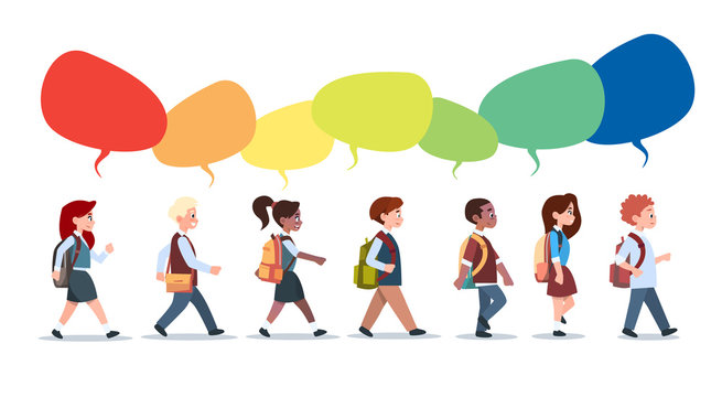 Group Of Pupils Mix Race Walking With Chat Bubbles School Children Isolated Diverse Small Primary Students Flat Vector Illustration