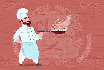 Chef Cook Holding Frying Pan With Hot Food Smiling Cartoon In White Restaurant Uniform Over Wooden Textured Background Flat Vector Illustration