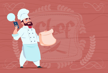 Chef Cook Holding Packet With Food And Mobile Phone Restaurant Delivery Concept Chief Over Wooden Textured Background Flat Vector Illustration