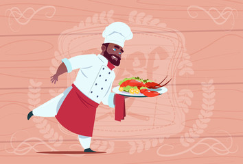 African American Chef Cook Holding Tray With Lobster Smiling Cartoon Chief In White Restaurant Uniform Over Wooden Textured Background Flat Vector Illustration