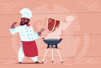 African American Chef Cook Grill Meat On Bbq Cartoon Restaurant Chief In White Uniform Over Wooden Textured Background Flat Vector Illustration