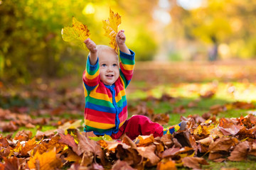 Child in fall park. Kid with autumn leaves.