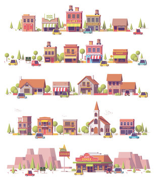 Vector low poly 2d small town scenes