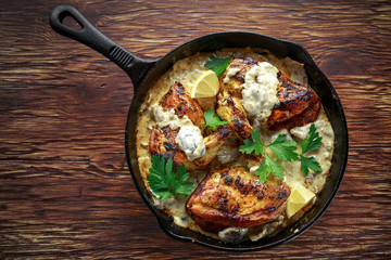 Creamy chicken fellets supremes in mushroom sauce with parsley In rustic cast iron skillet.
