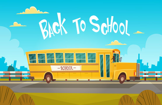 Yellow Bus Riding Back To School 1 September Flat Vector Illustration