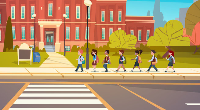 Group Of Pupils Mix Race Walking To School Building Primary Schoolchildren Students Flat Vector Illustration