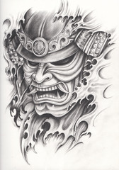 Samurai warrior tattoo design design by hand pencil drawing on paper. © Jiwsurreal