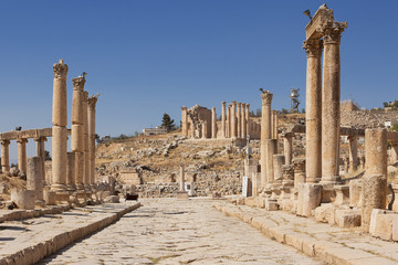 Colonnaded Street in Jerash with the temple of Zeus in the background 