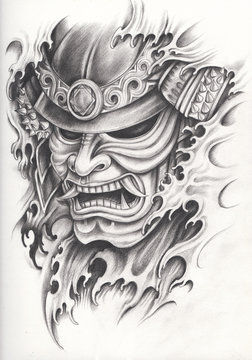 Samurai warrior tattoo design.Hand pencil drawing on paper. Stock Illustration