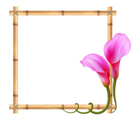 Нежные цветы, розовая калла, квадратная рамка из бамбука. Символ чарующей красоты.