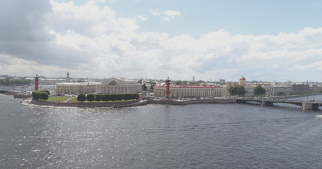 Aerial low altitude photo of St. Petersburg neva with view of Stock Market Square and bridges in summer day