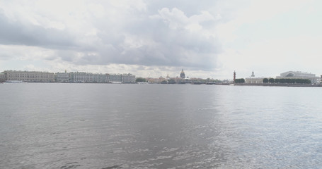 Aerial low altitude photo over St. Petersburg neva with view of Stock Market Square and Saint Isaac's Cathedral in summer day