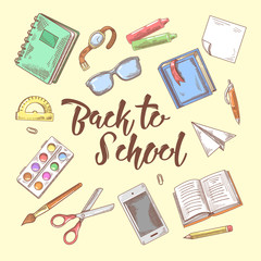 Back to School Doodle. Educational Concept. Hand Drawn Set with Books, Notebook and Pen. Vector illustration