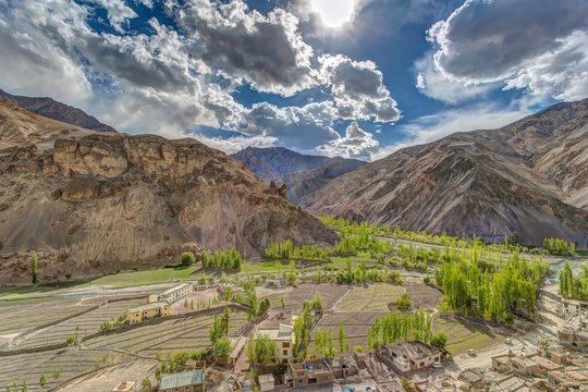 Terraced gardens in a mountain gorge on the way to the village of Alchi in Ladakh
