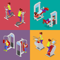Isometric People at the Gym. Sportsmen Workout. Sports Equipment. Fitness Exercises. Vector flat 3d illustration